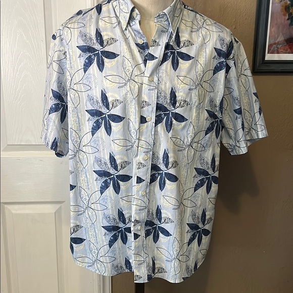 WRINKLE  FREE Other - White and Blue Floral Casual Button Down Shirt